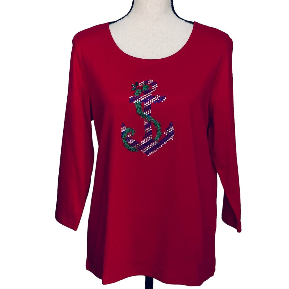 Karen Scott X-Large Top Holiday Anchor Festive Christmas 3/4 Sleeve Stretch New